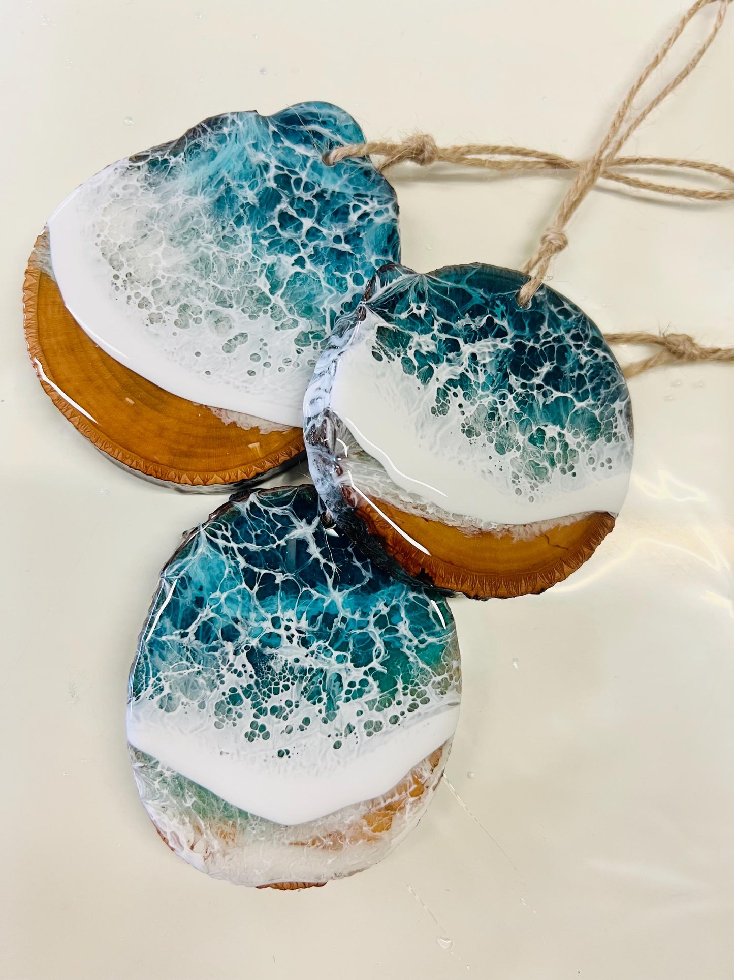 Christmas Ornaments, Wood Beach Ornaments made in resin with washing waves