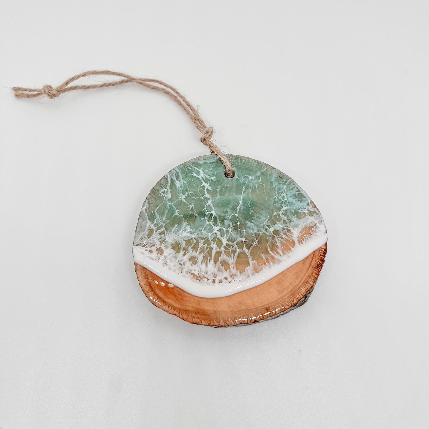 Christmas Ornaments, Wood Beach Ornaments made in resin with washing waves