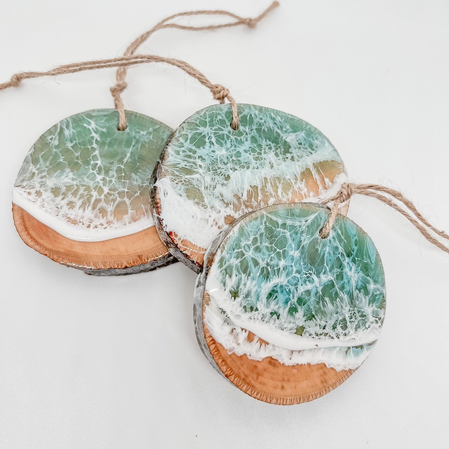 Christmas Ornaments, Wood Beach Ornaments made in resin with washing waves