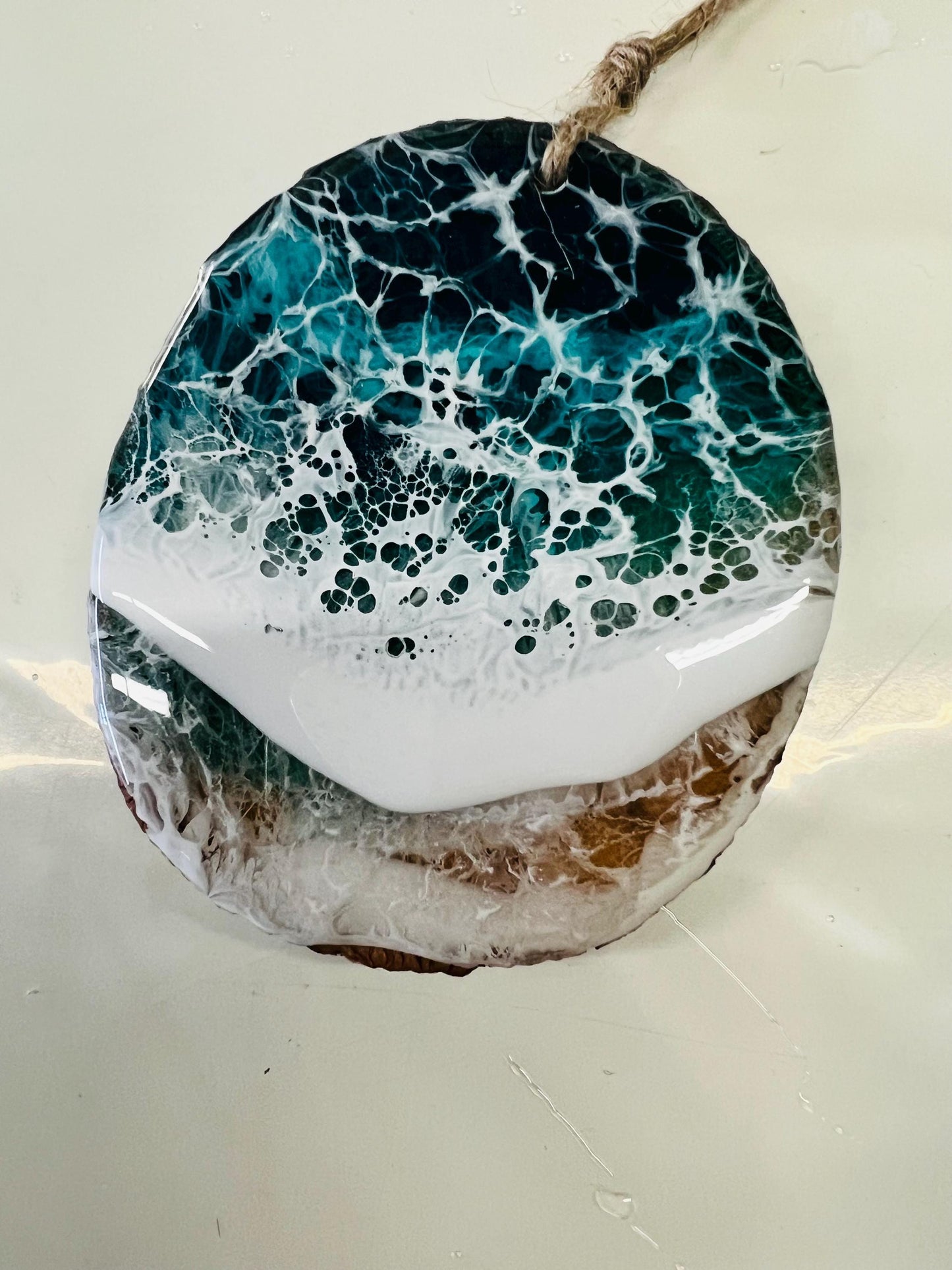 Christmas Ornaments, Wood Beach Ornaments made in resin with washing waves