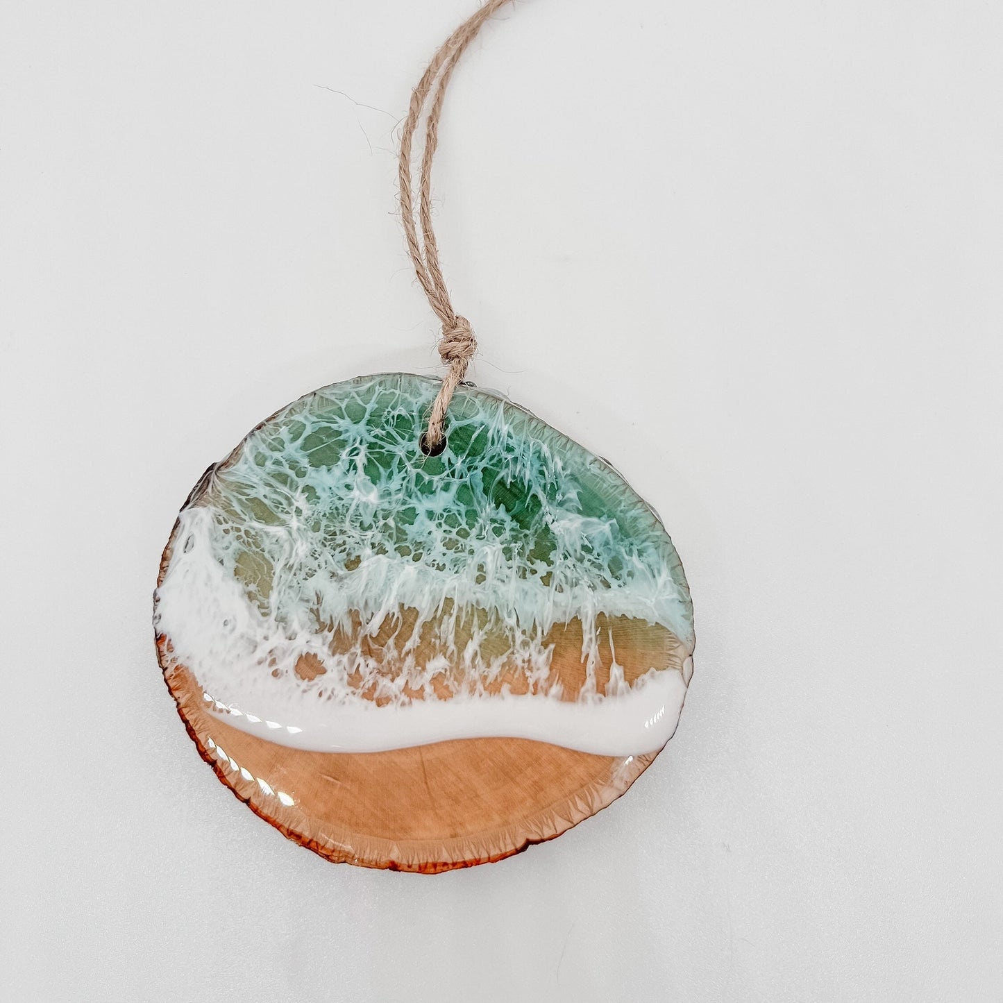 Christmas Ornaments, Wood Beach Ornaments made in resin with washing waves