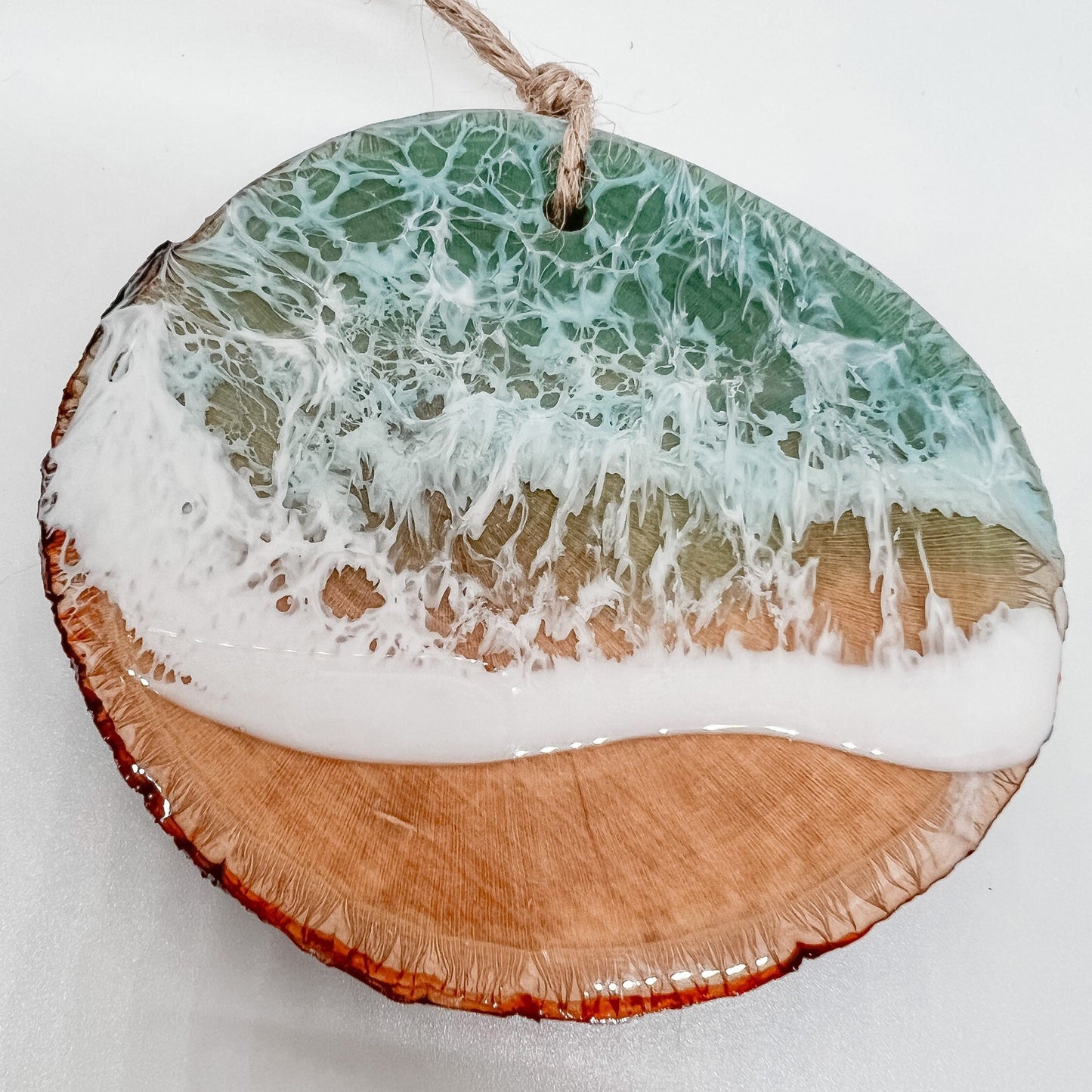 Christmas Ornaments, Wood Beach Ornaments made in resin with washing waves