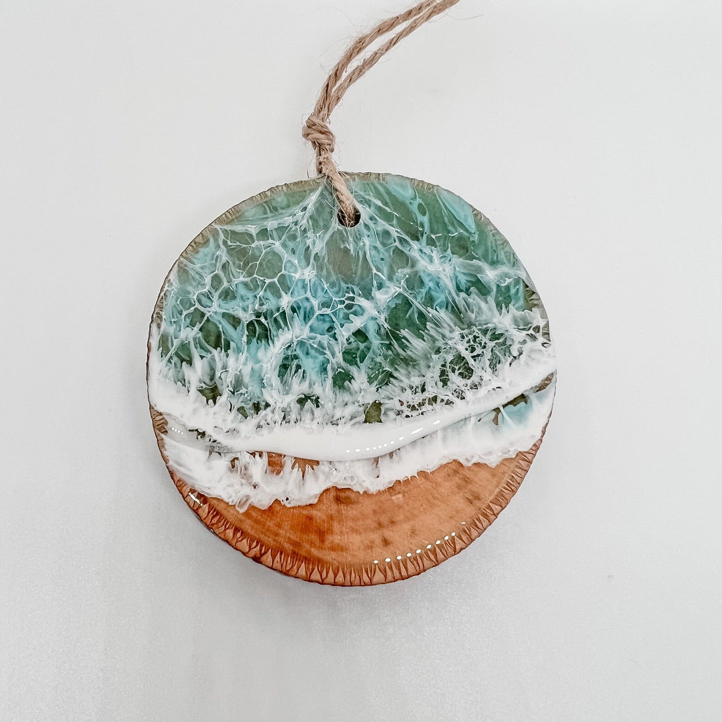 Christmas Ornaments, Wood Beach Ornaments made in resin with washing waves