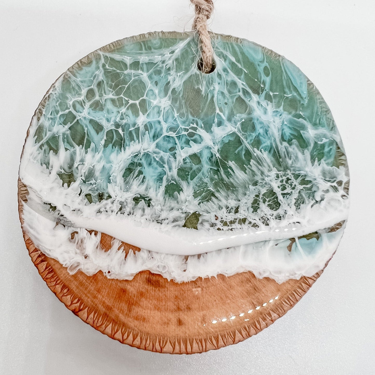 Christmas Ornaments, Wood Beach Ornaments made in resin with washing waves